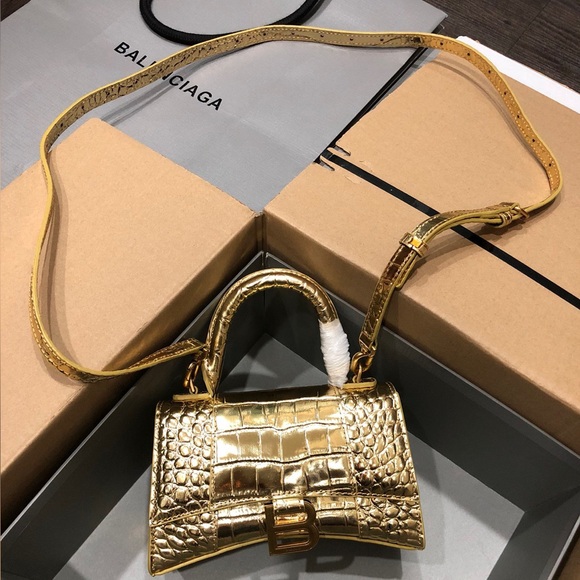 Balenciaga Hourglass Top Handle Bag Crocodile Embossed Leather Mini Gold - Picture 1 of 9